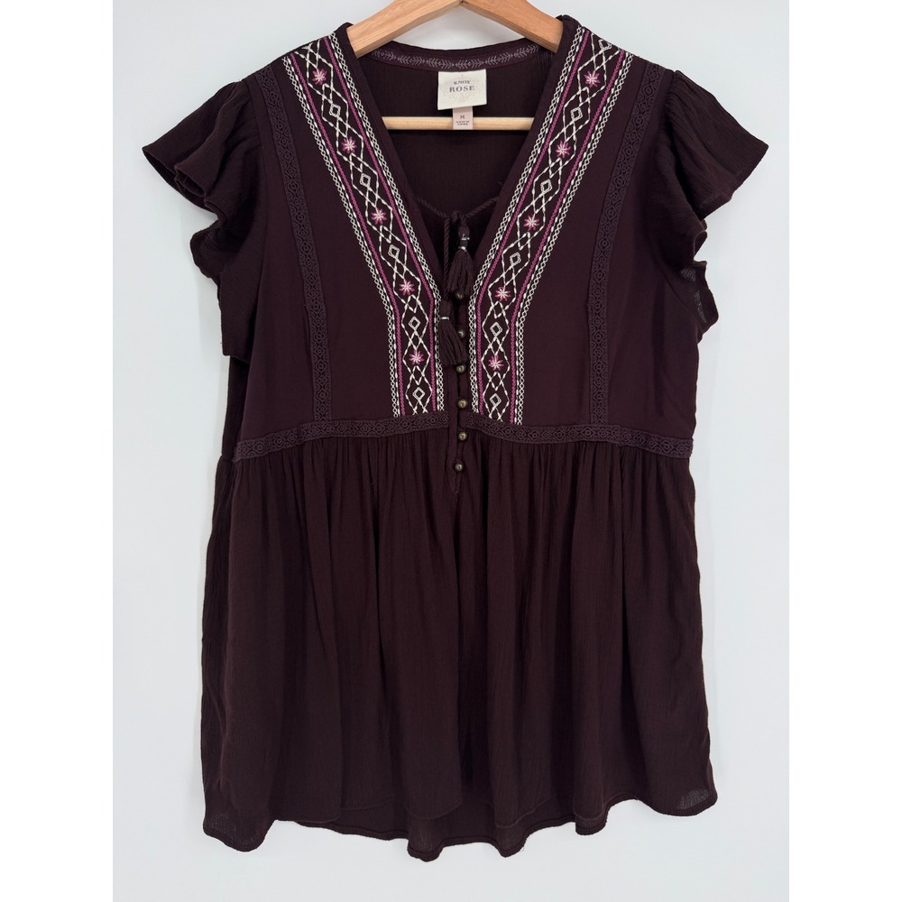 Knox Rose Womens Brown Babydoll Peasant Top Sz M Boho Embroidered Flutter Sleeve